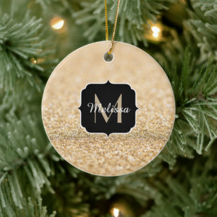 Champagne guld faux glitter sparkles Monogram Julgransprydnad Keramik