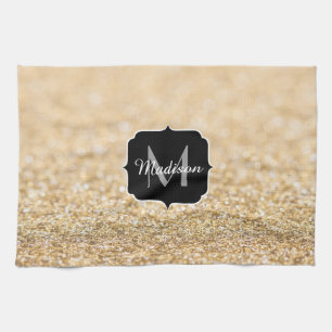 Champagne guld faux glitter sparkles Monogram Kökshandduk