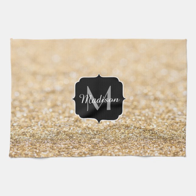 Champagne guld faux glitter sparkles Monogram Kökshandduk (Horisontell)