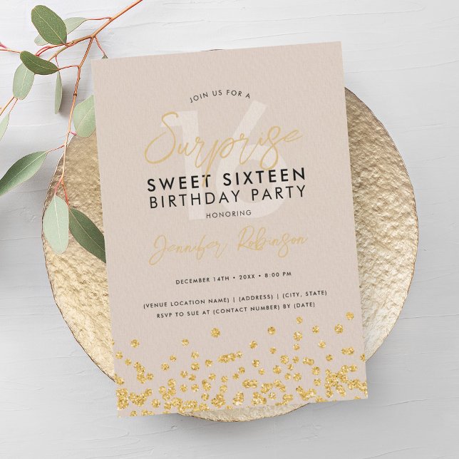 Champagne Guld Glitter Confetti Surprise Sweet 16 Inbjudningar (Champagne Gold Glitter Confetti Surprise Sweet 16 Invitation)