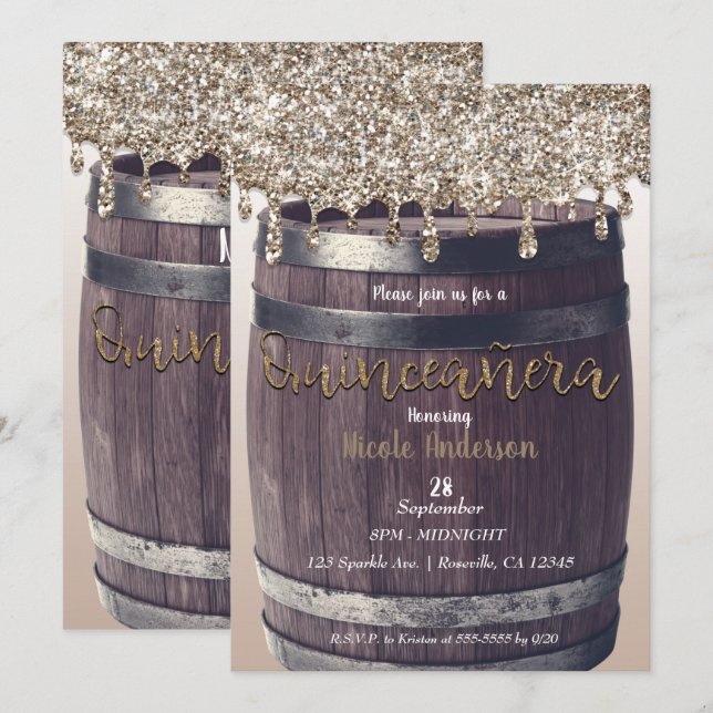 Champagne Guld Glitter Drip Rustic Quinceañera 15 Inbjudningar (Fram/baksida)