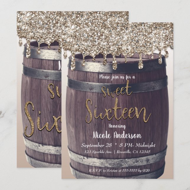 Champagne Guld Glitter Drip Rustic Sweet 16 Party Inbjudningar (Fram/baksida)