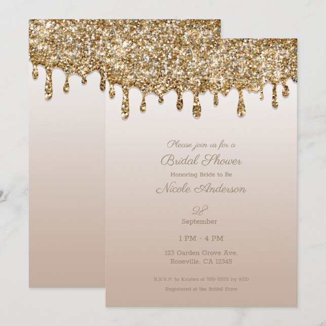 Champagne Guld Glitter Dropp Glam Bröllopsdusch Inbjudningar (Fram/baksida)