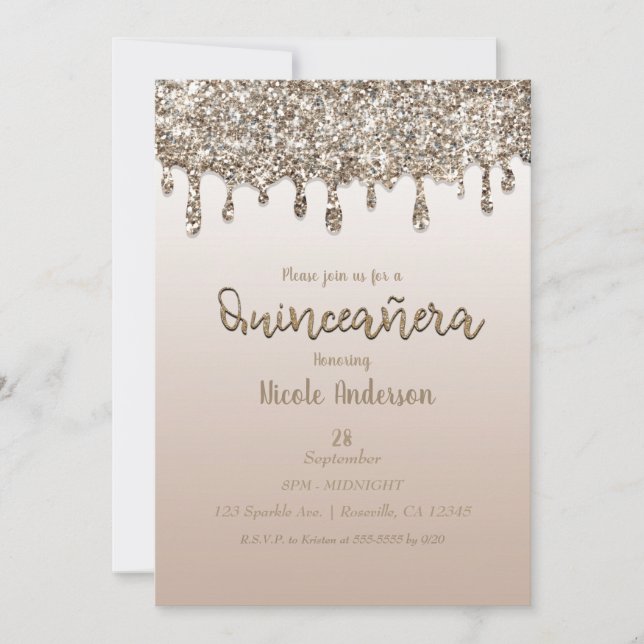 Champagne Guld Glitter Droppage Glam Quinceañera 1 Inbjudningar (Framsida)