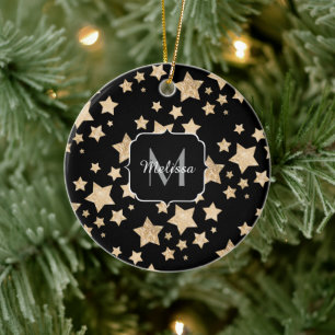 Champagne guld glitter gnistra Stars Monogram Julgransprydnad Keramik