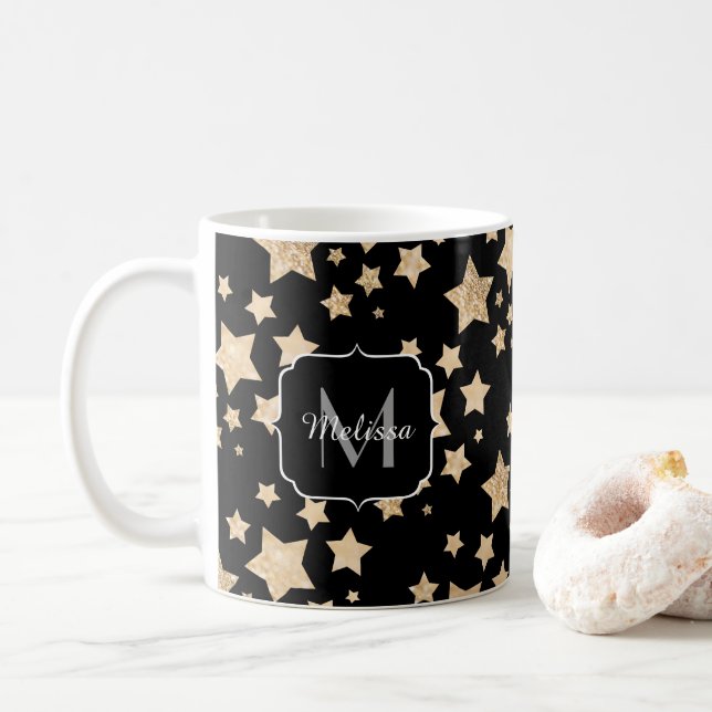 Champagne guld glitter gnistra Stars Monogram Kaffemugg (Med munk)