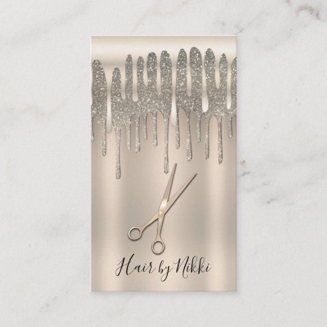 Champagne Guld Hårstylist Diamant Glitter Drip Visitkort (Framsida)