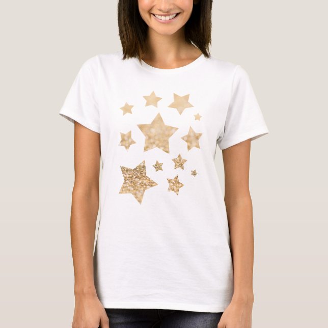 Champagne guld lättfaux glitter sparkles Stars T-shirt (Framsida)
