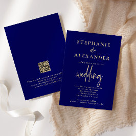 Champagne Guld Navy Blue QR Code Bröllop Inbjudningar