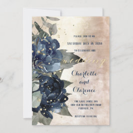 Champagne Guld Navy Peony Eucalyptus Bröllop Inbjudningar