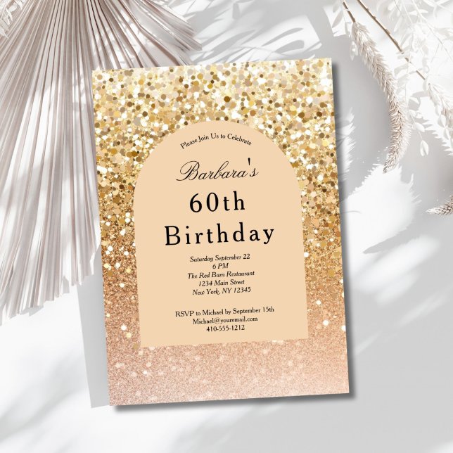 Champagne Guld Rosa Glitter 60-årsfirande Inbjudningar (Champagne Gold Blush pink Glitter 60th ( or any year ) Birthday invitation. Printed or digital )