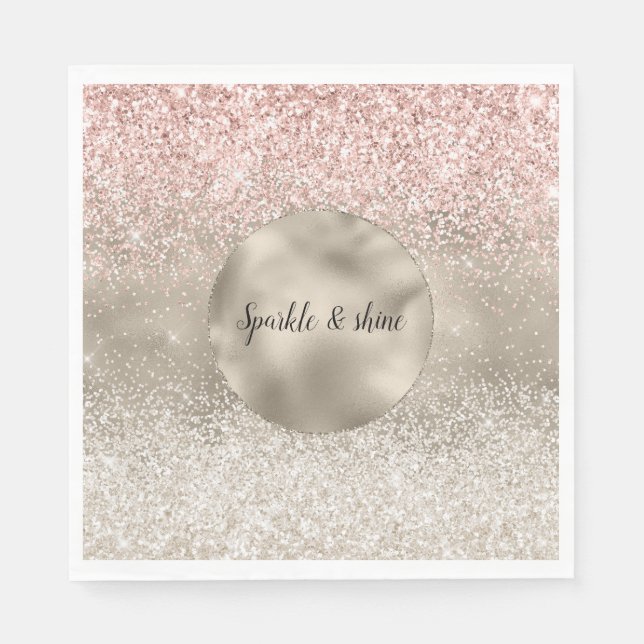 Champagne Guld Rosa White Glitzy Glitter Pappersservett (Framsidan)