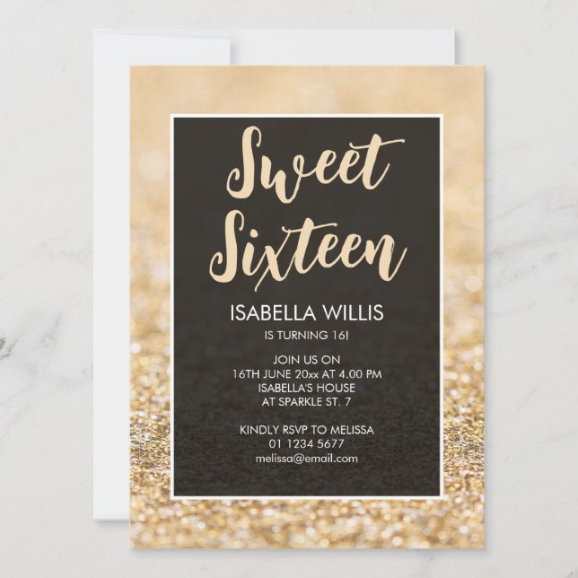 Champagne guld sparkles Sweet 16 elegant script Inbjudningar (Framsida)