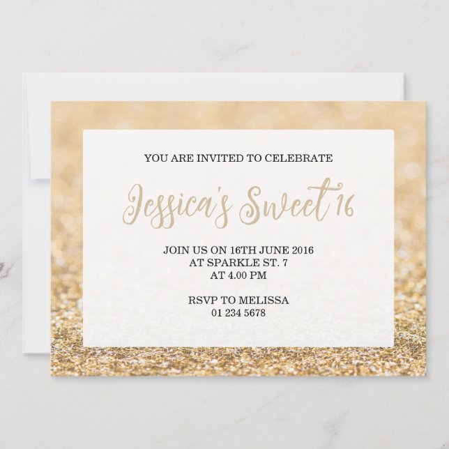 Champagne guld sparkles Sweet 16 elegant script Inbjudningar (Framsida)