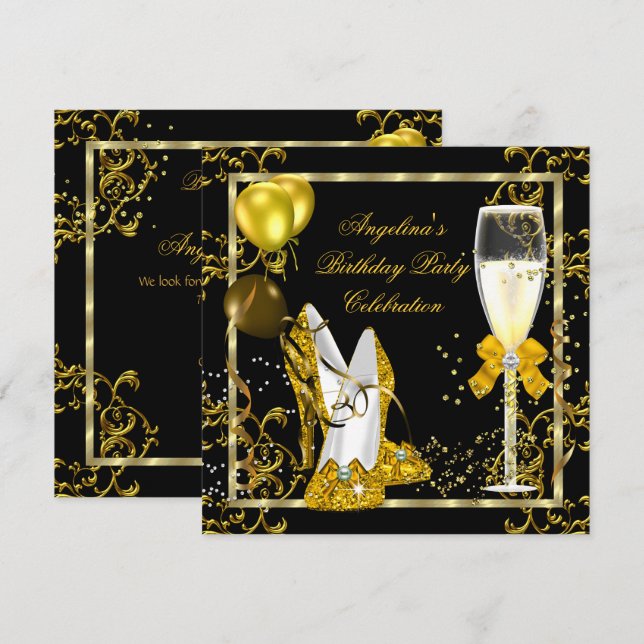 Champagne Guld Svarta Glitter Klackar Födelsedagsf Inbjudningar (Fram/baksida)