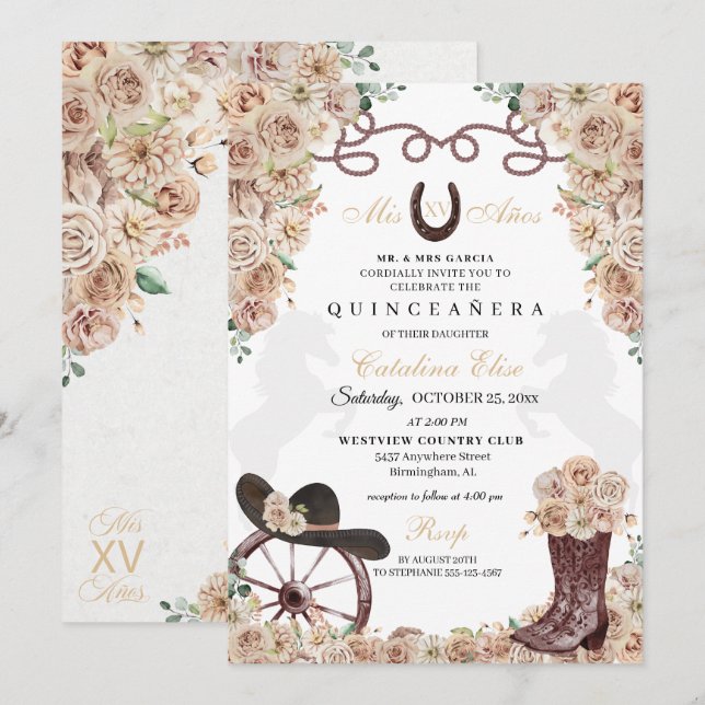 Champagne Guld Western Charro Boots Quinceanera Inbjudningar (Fram/baksida)
