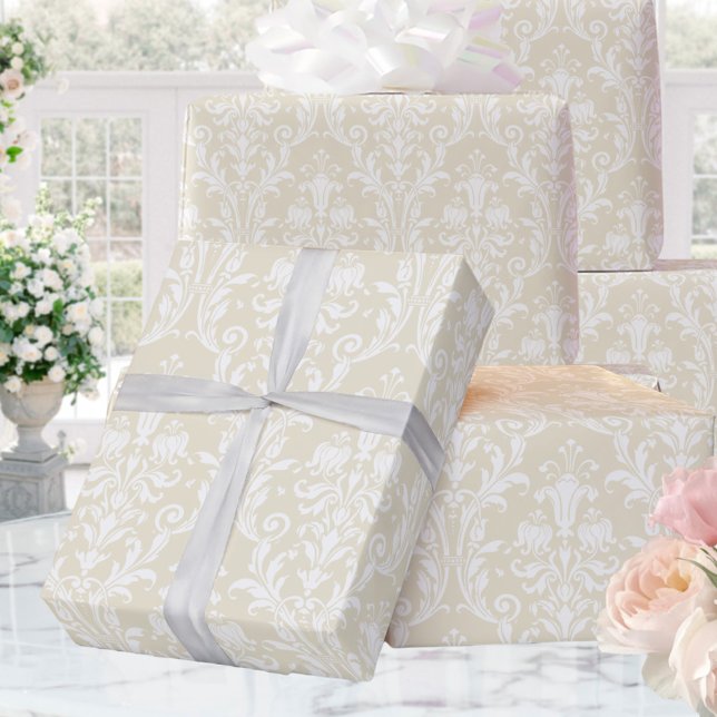 Champagne Guld White Damask Elegant bröllop Presentpapper (Skapare uppladdad)