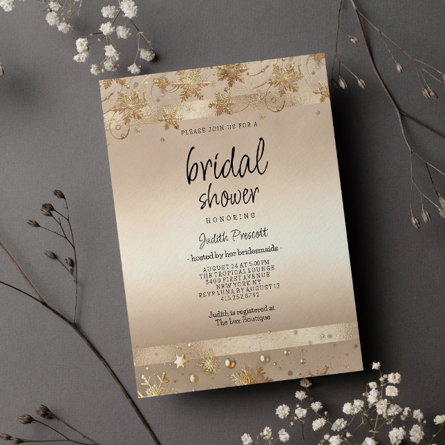 Champagne Gyllene Snöflingor Lyx Bröllopsdusch Inbjudningar (Champagne Golden Snowflakes Luxury Bridal Shower )