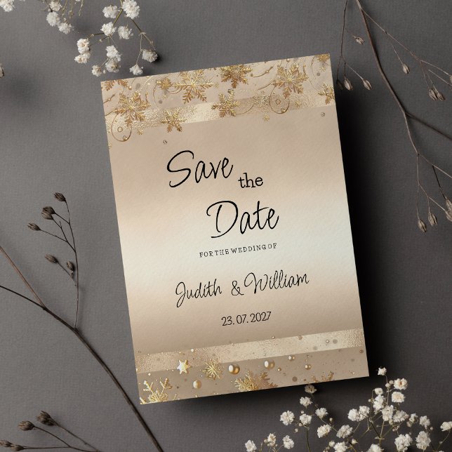 Champagne Gyllene Snöflingor Lyx Spara Datumet Inbjudningar (Champagne Golden Snowflakes Luxury Save the Date)