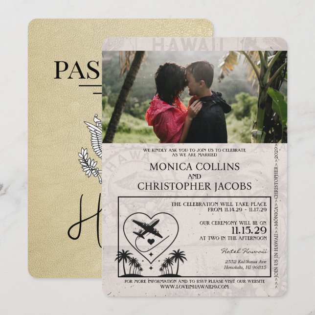 Champagne Hawaii Passport Wedding bjudande Inbjudningar (Fram/baksida)