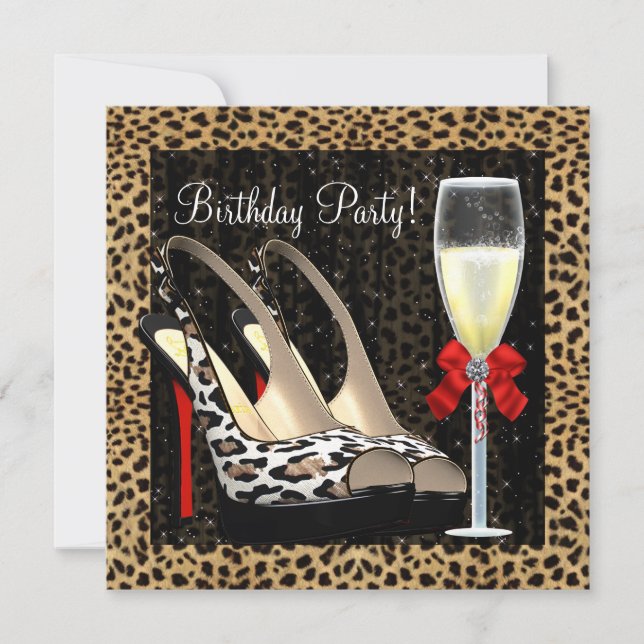 Champagne High Heel Shoes Leopard Birthday Inbjudningar (Framsida)