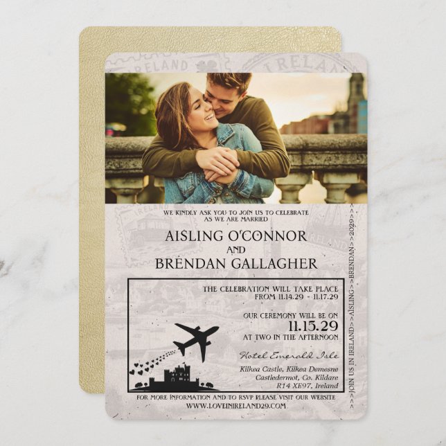 Champagne Ireland Passport Wedding bjudande Inbjudningar (Fram/baksida)