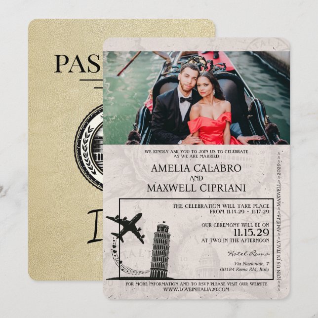 Champagne Italien Passport bröllopsinbjudan Inbjudningar (Fram/baksida)