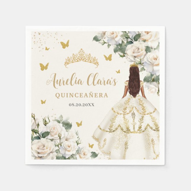 Champagne Ivory Blommigt Butterflies Quinceañera Pappersservett (Framsidan)