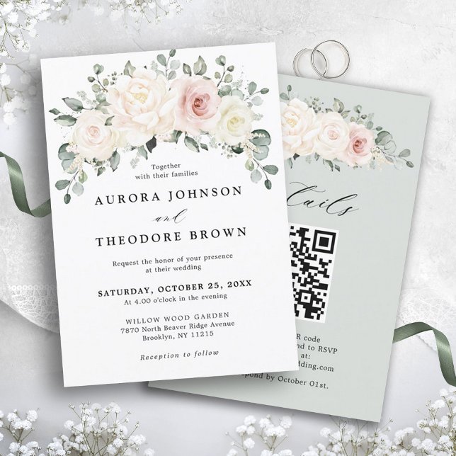 Champagne Ivory  Blommigt Greenery QR Bröllop Inbjudningar (Ivory White blush pink floral greenery botanical wedding invitation with QR code RSVP on back)