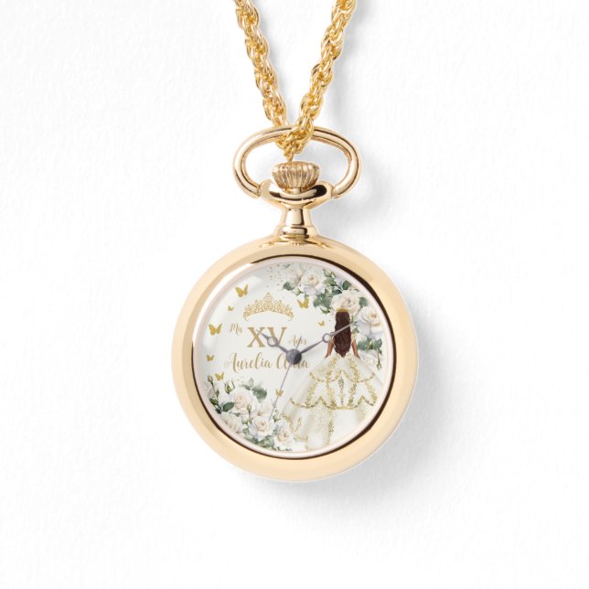 Champagne Ivory Blommigt Princess Dress Quinceañer Armbandsur (Framsida)