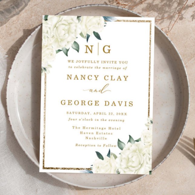 Champagne Ivory Blommigt Ram Monogram Bröllop Inbjudningar (Skapare uppladdad)