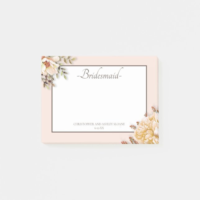 Champagne Ivory Rosa Blommigt Bridesmaid Post-it Block (Framsida)