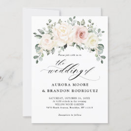 Champagne Ivory Rosa Blommigt Greenery Bröllop Inbjudningar