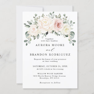 Champagne Ivory Rosa Blommigt Greenery Bröllop Inbjudningar
