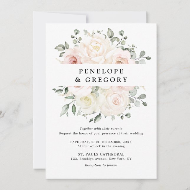 Champagne Ivory  Rosa Blommigt Greenery Bröllop Inbjudningar (Framsida)