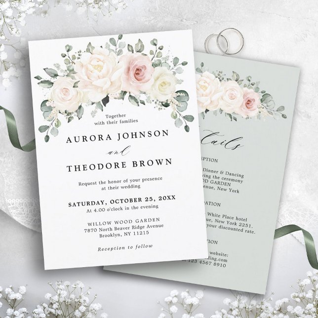 Champagne Ivory  Rosa Blommigt Greenery Bröllop Inbjudningar (Ivory White blush floral botanical wedding invitation with details on back)