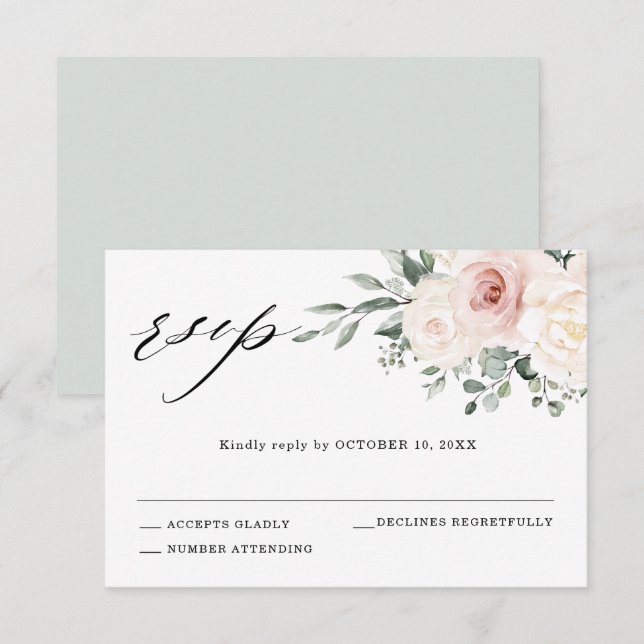 Champagne Ivory  Rosa Blommigt Greenery Bröllop OSA Kort (Fram/baksida)