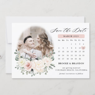 Champagne Ivory  Rosa Blommigt Greenery Bröllop Spara Datumet