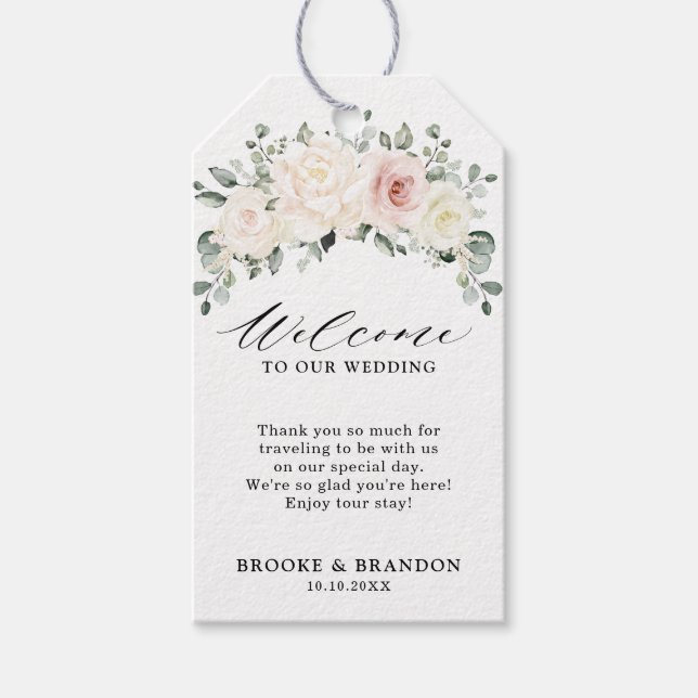 Champagne Ivory  Rosa Blommigt Greenery Välkommen Presentetikett (Framsidan)