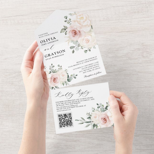 Champagne Ivory  Rosa Blommigt QR-kod Bröllop (Tearaway)