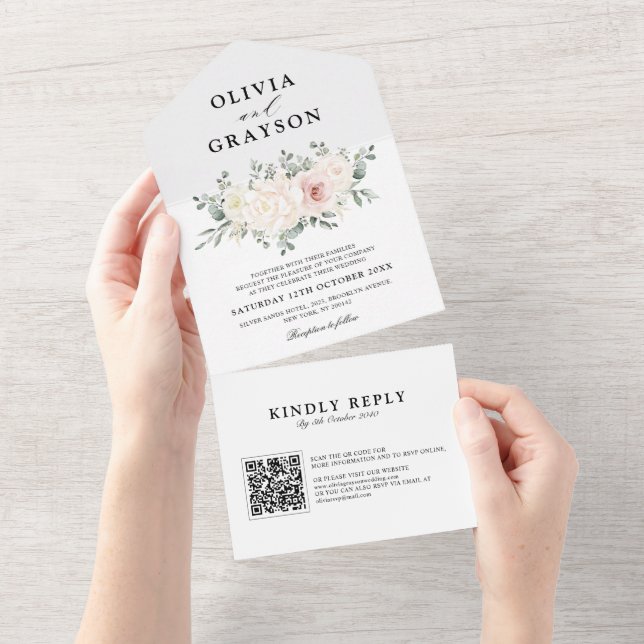 Champagne Ivory  Rosa Blommigt QR-kod Bröllop (Avrivbar del)