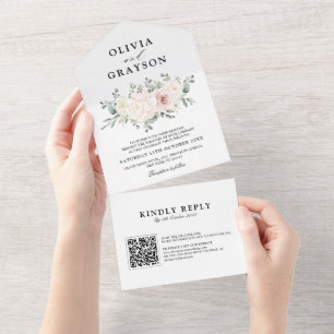 Champagne Ivory Rosa Blommigt QR-kod Bröllop