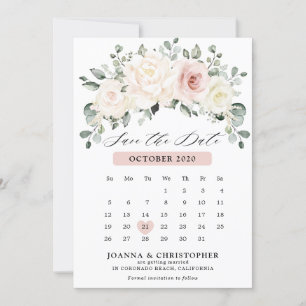 Champagne Ivory  Rosa Pastel Blommigt Calendar Spara Datumet