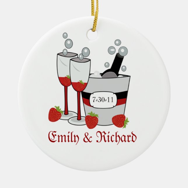 Champagne- & jordgubbemöhippan daterar julgransprydnad keramik (Framsidan)