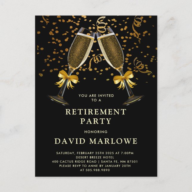 Champagne Konfetti Svart Guldglitter Vykort (Framsida)