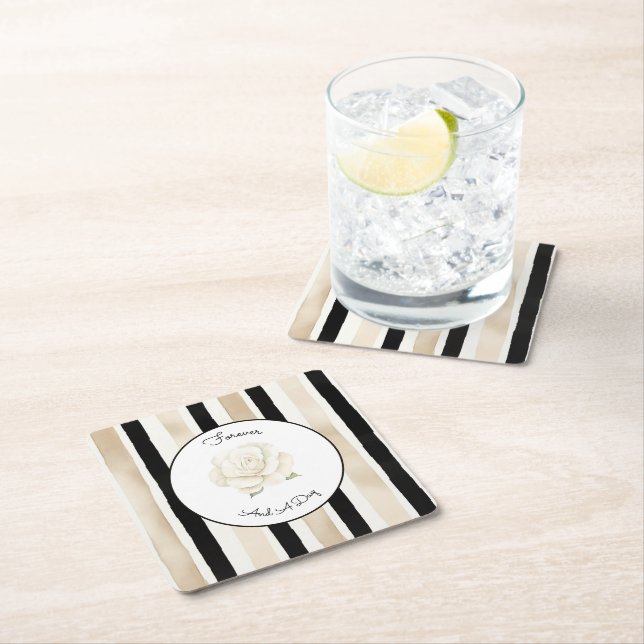 Champagne Kräm Svart Vit Ros Randiga Bröllop Underlägg Papper Kvadrat (Insitu)