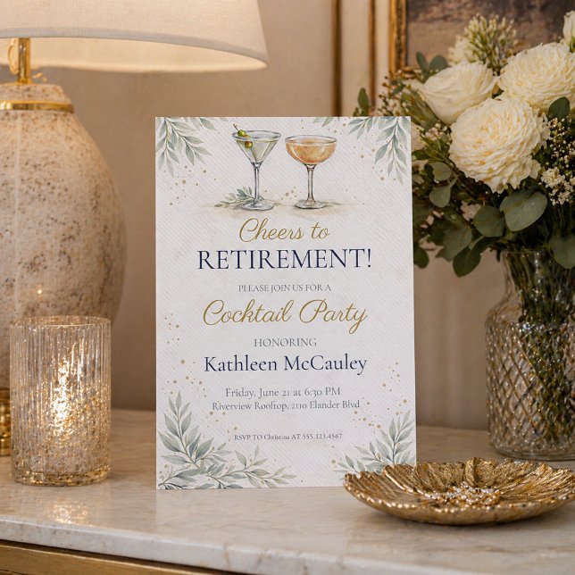 Champagne Leaf Avskedsinbjudan Inbjudningar (Champagne leaf farewell cocktail party with soft ivory tones and gold accents)