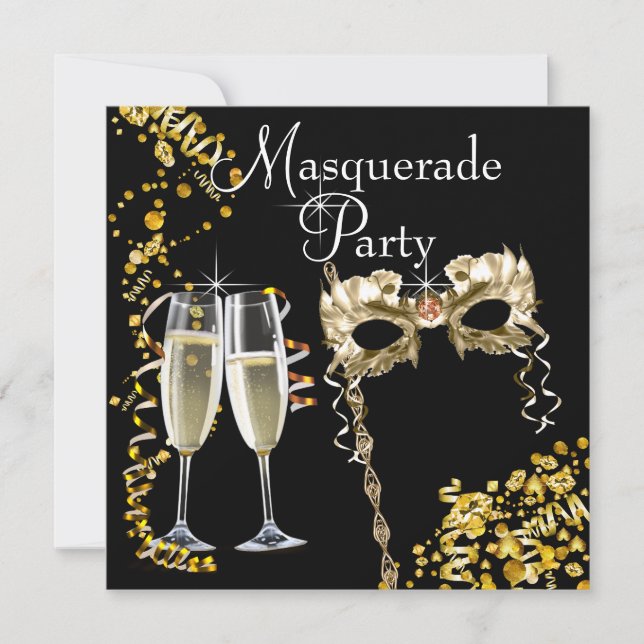 Champagne Mask Svart Guld Maskeradfest Inbjudningar (Framsida)
