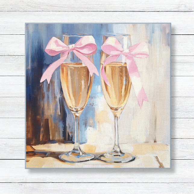 Champagne med rosa band Unik bröllopsduschpresent Canvastryck (Unique Giftt for the Bride - Bridal Shower Canvas Art - Champagne Glasses Painting with Pink Bows)