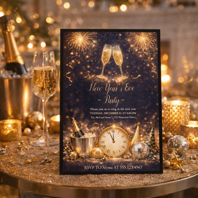 Champagne Midnatt Toast Inbjudan (Ring in the new year with champagne, fireworks, and a glowing midnight celebration)